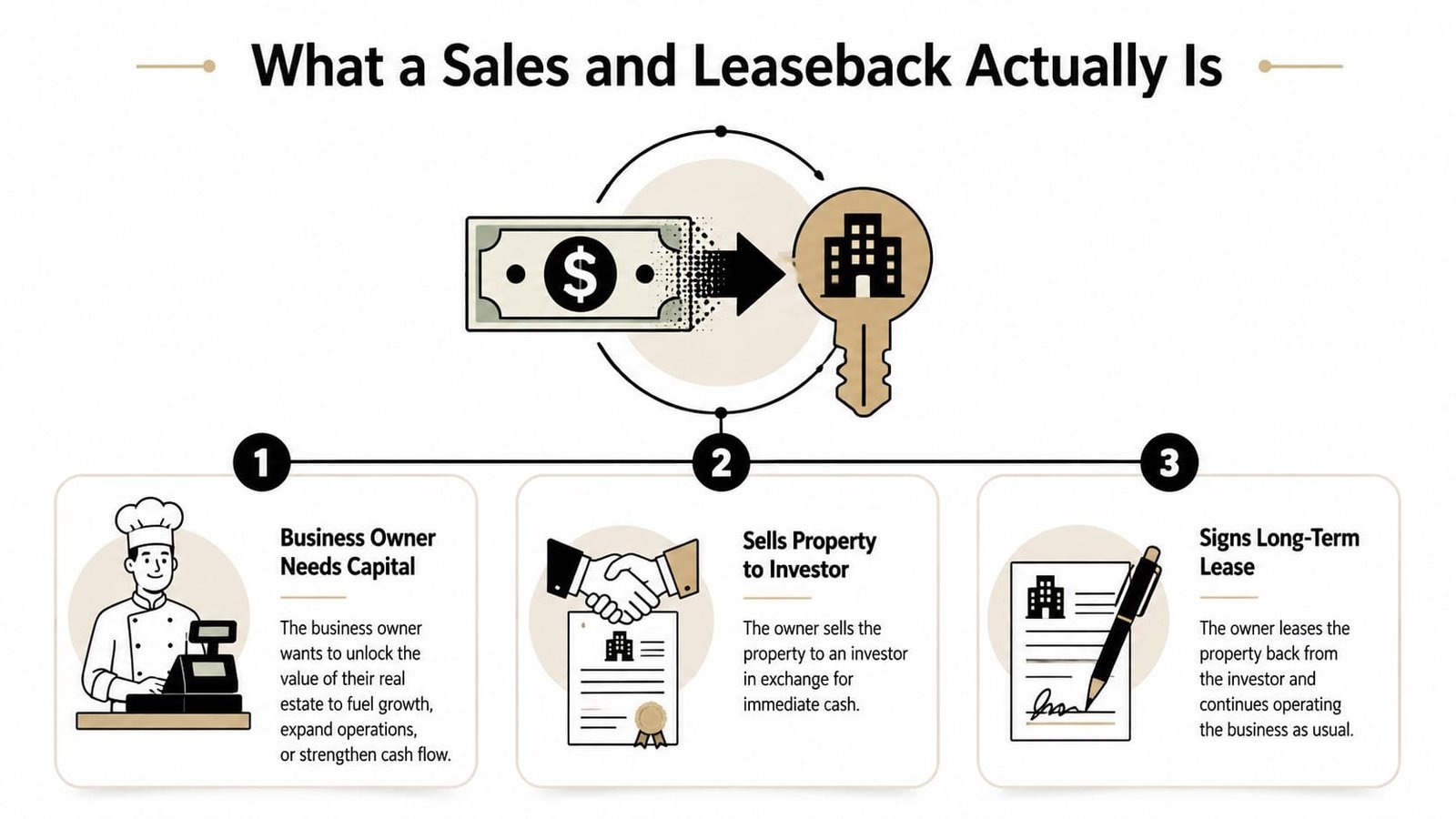 An infographic illustration titled What a Sales and Leaseback Actually Is showing a three-step business process.