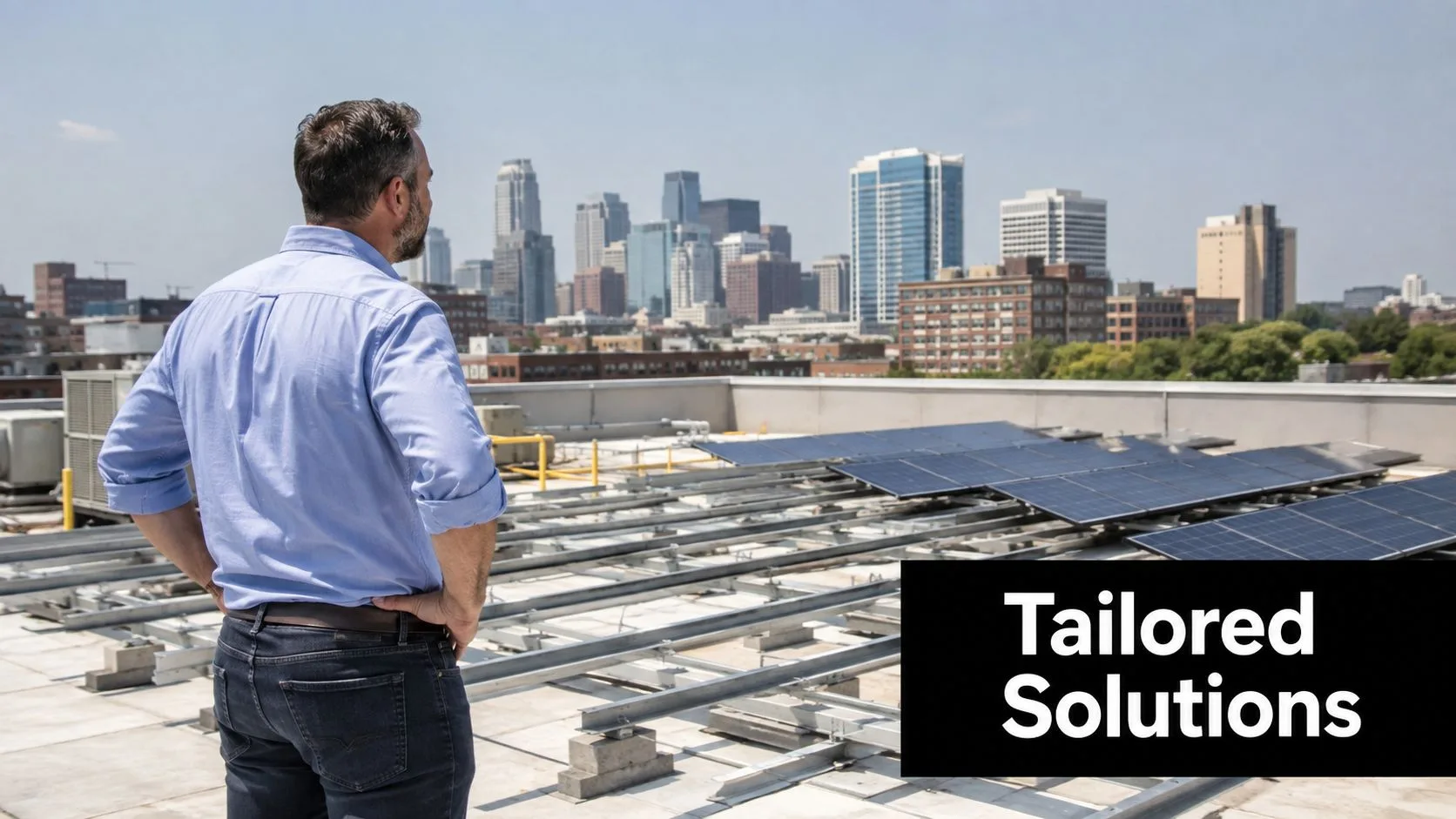 A professional man standing on a commercial rooftop looking at a city skyline with solar panels.