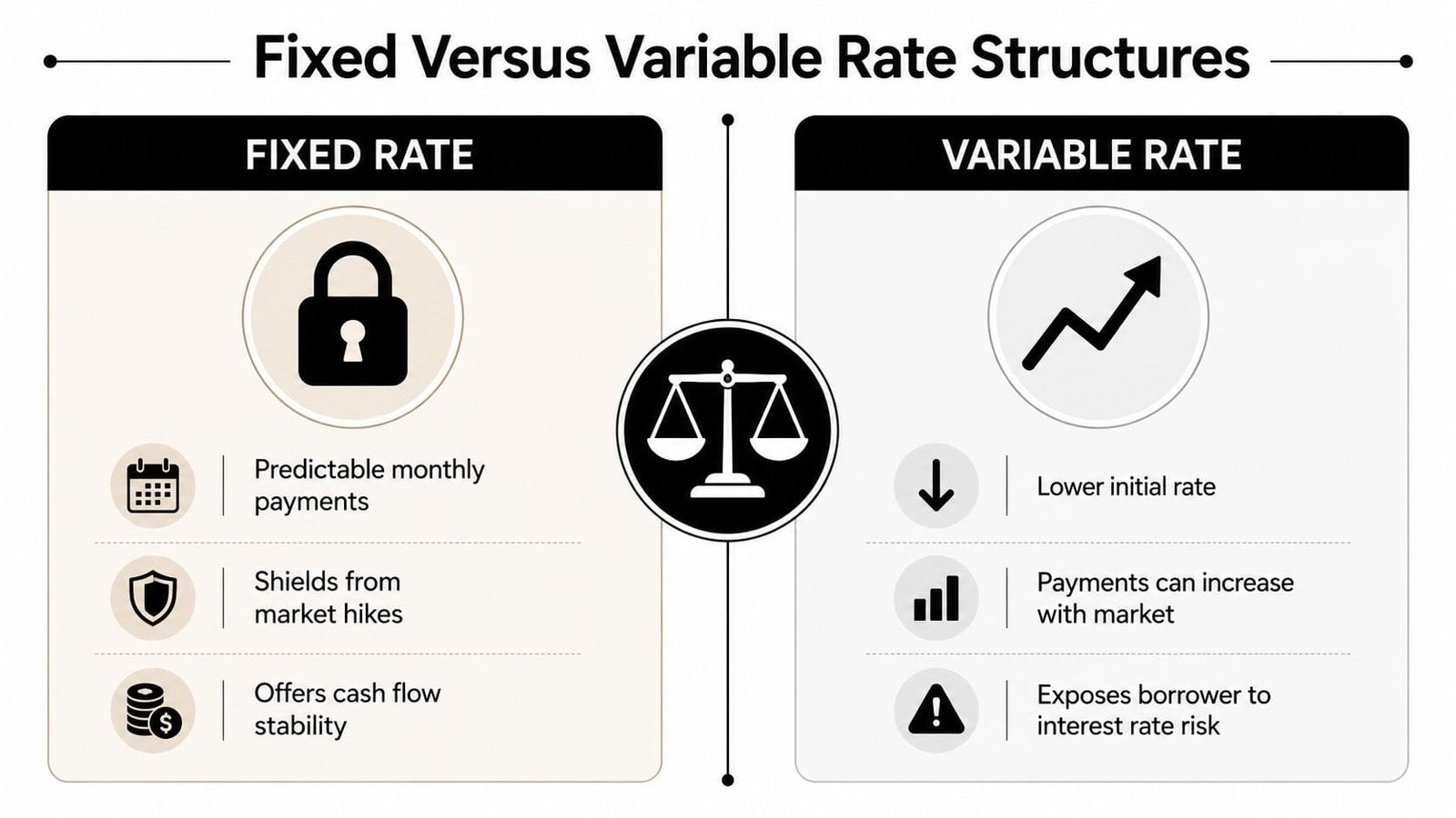 A comparison chart showing the benefits and risks of fixed versus variable interest rate loan structures.