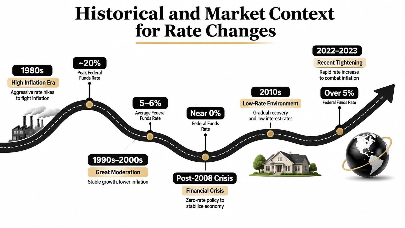 A timeline graphic illustrating historical US Federal Funds rate trends from the 1980s to 2023.