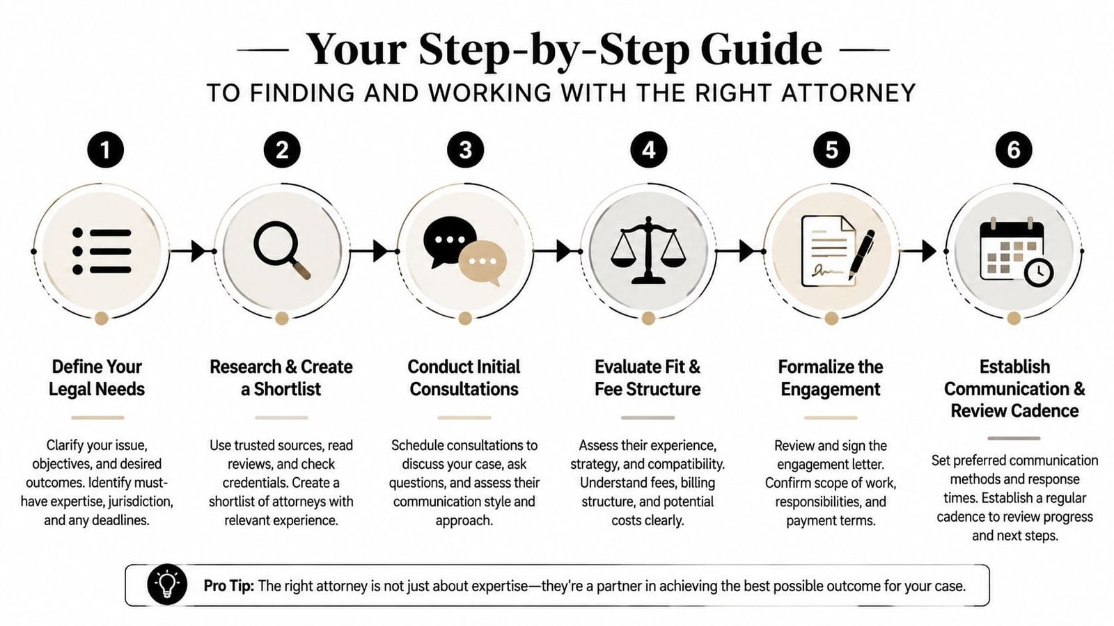 A six-step guide infographic illustrating the process of finding and working with a professional attorney.