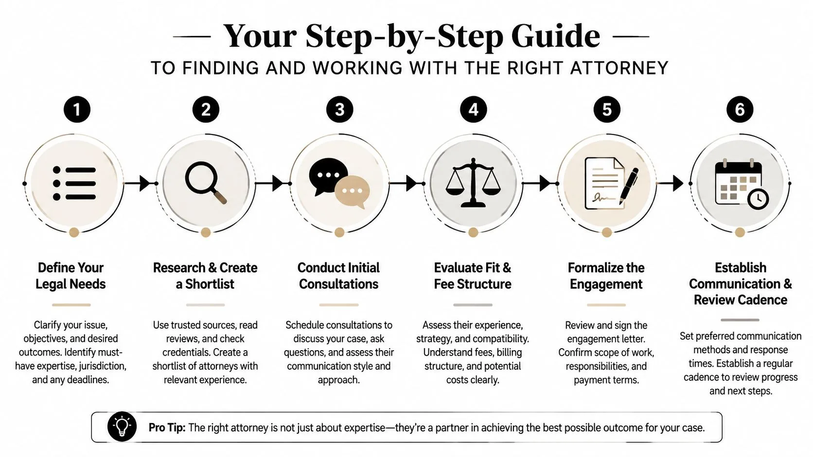 A six-step guide infographic illustrating the process of finding and working with a professional attorney.