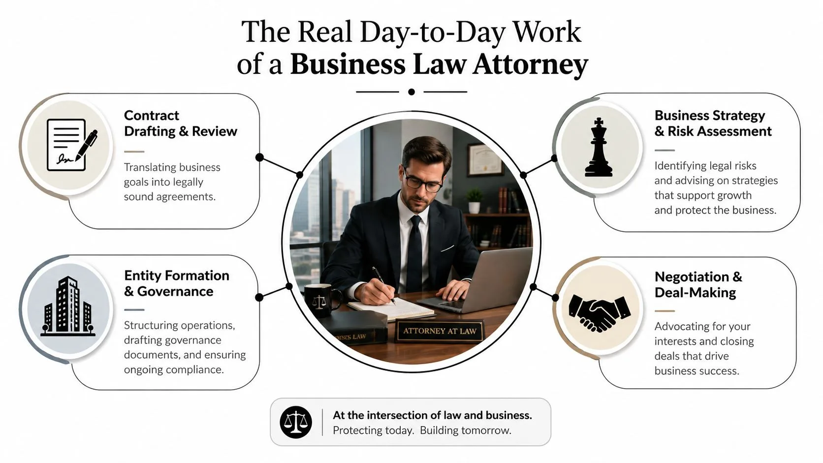 A professional business law attorney working at a desk, highlighting key legal services like contract drafting and governance.