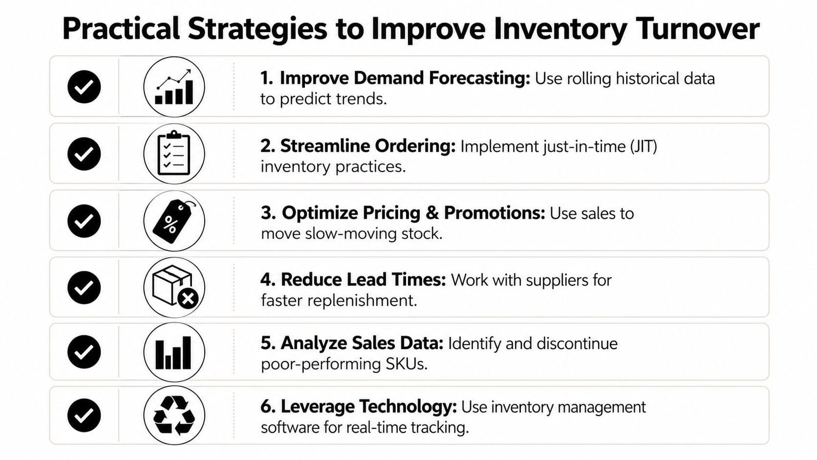 A list of six practical business strategies to improve inventory turnover and optimize stock management processes effectively.