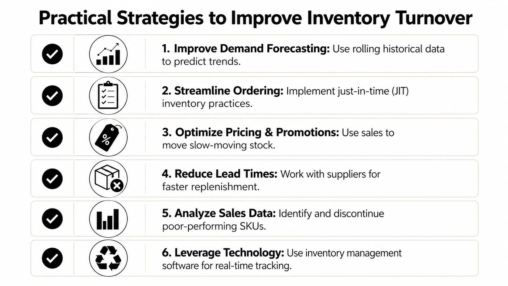 A list of six practical business strategies to improve inventory turnover and optimize stock management processes effectively.