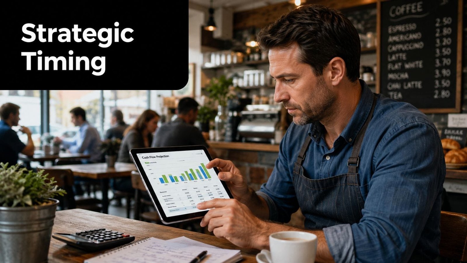 A cafe owner wearing an apron reviews a digital cash flow projection chart on his tablet computer.