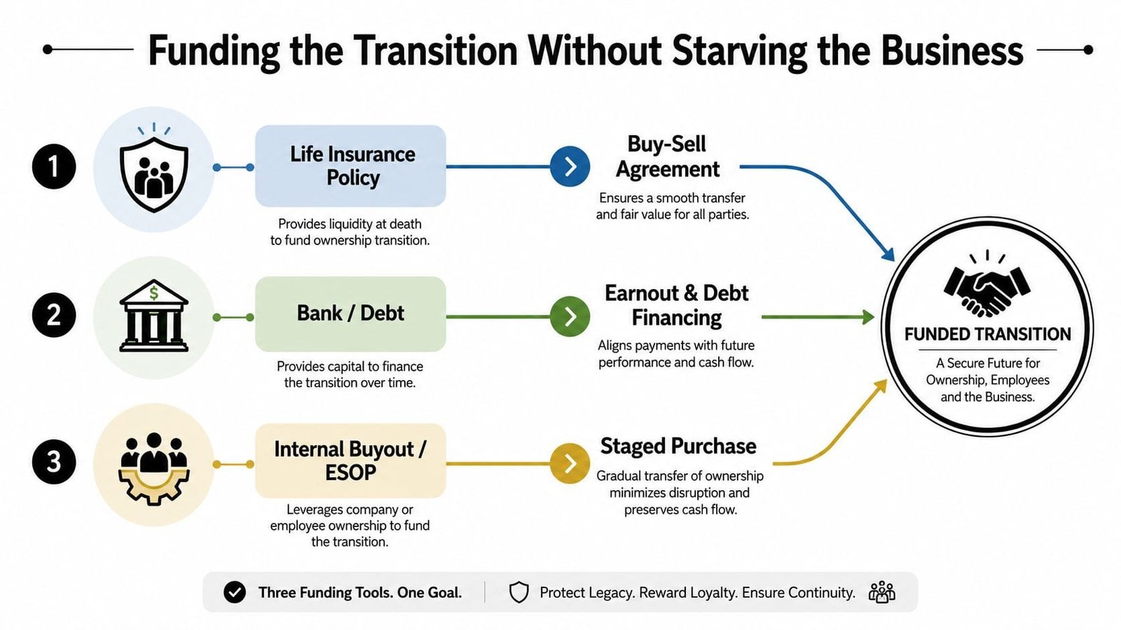 A diagram illustrating three funding tools for business succession planning to ensure ownership transition and continuity.