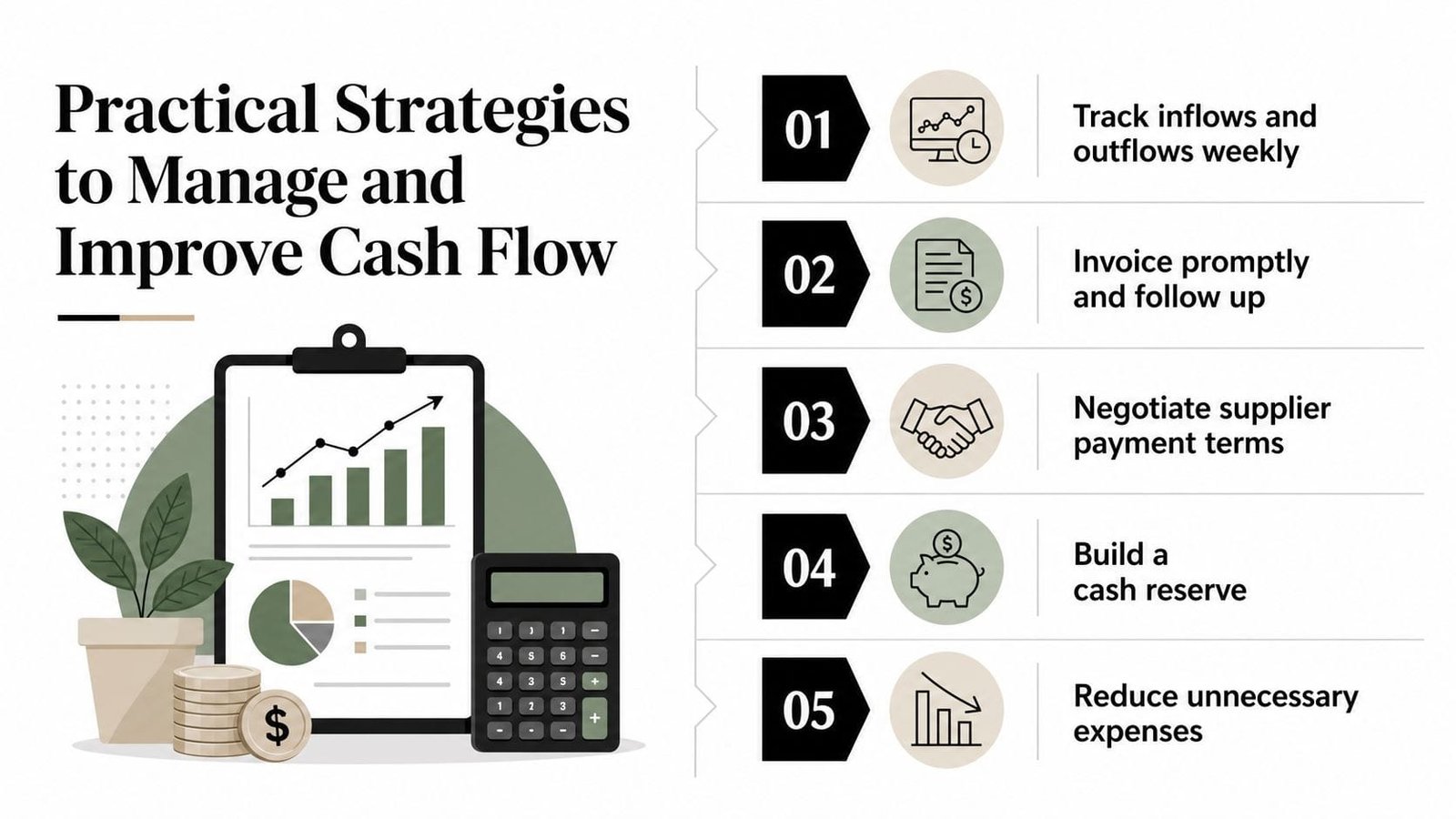 An infographic titled Practical Strategies to Manage and Improve Cash Flow, listing five essential business finance tips.