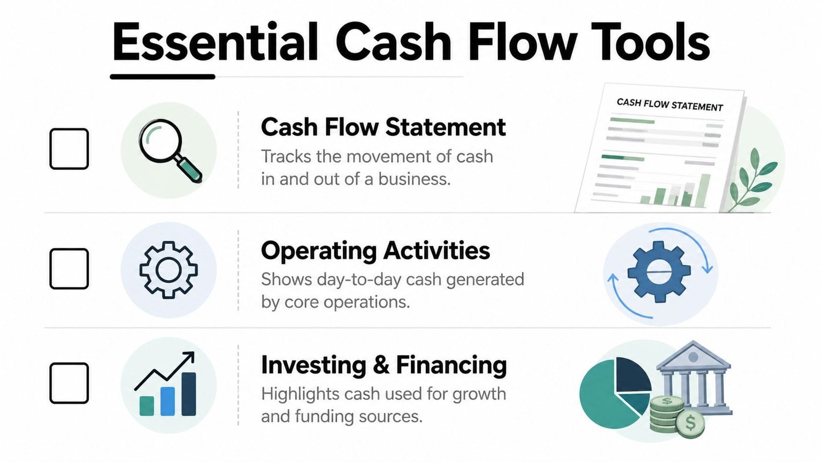 A visual guide titled Essential Cash Flow Tools, listing Cash Flow Statement, Operating Activities, and Investing & Financing.