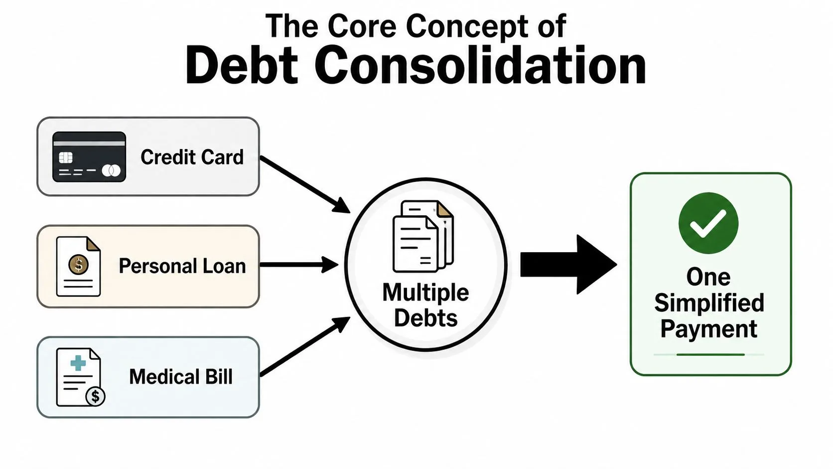 A diagram illustrating how debt consolidation merges multiple debts like credit cards and loans into one simple payment.