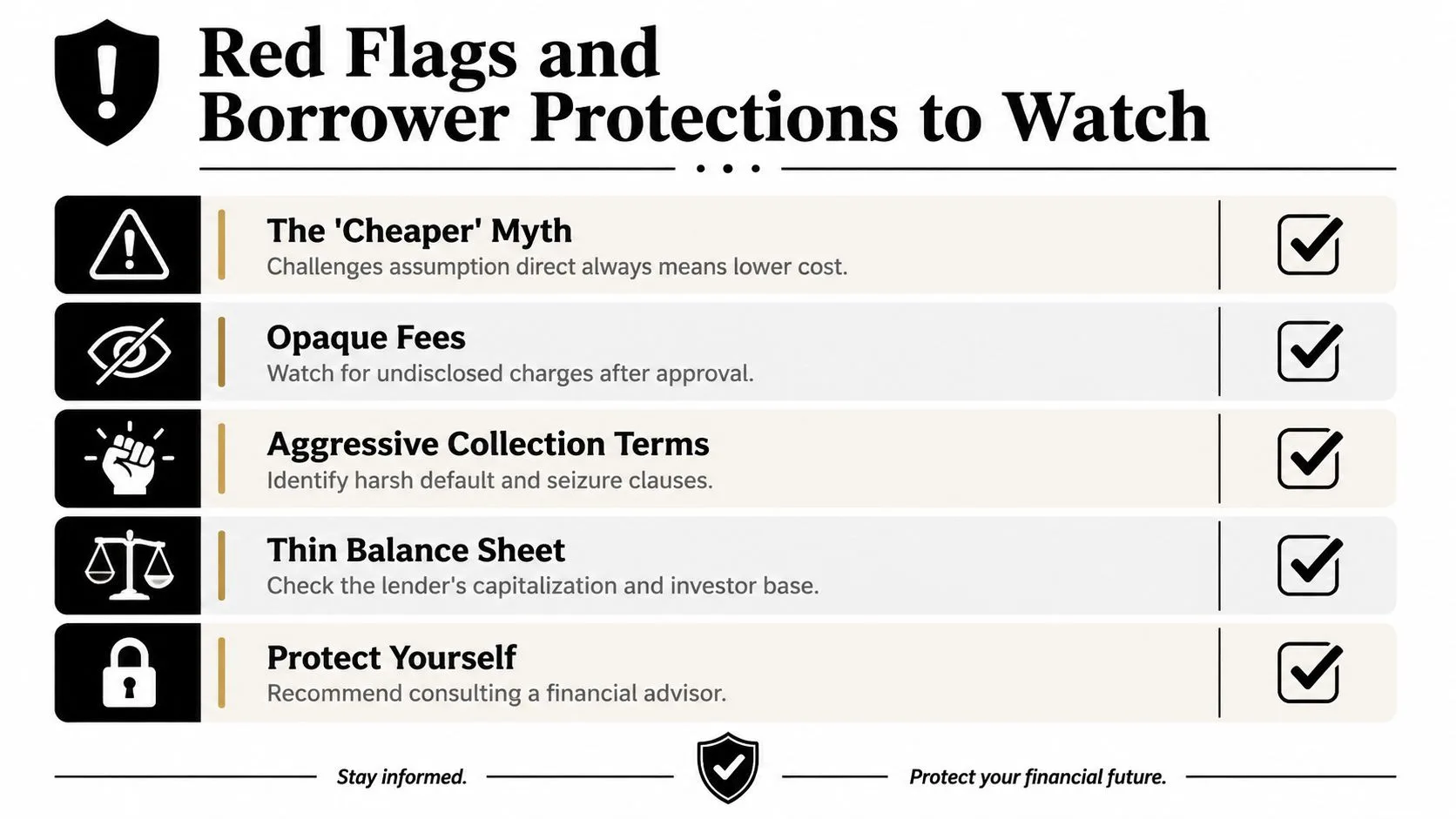 A list of red flags and borrower protections for financial lending, presented as an informative infographic.