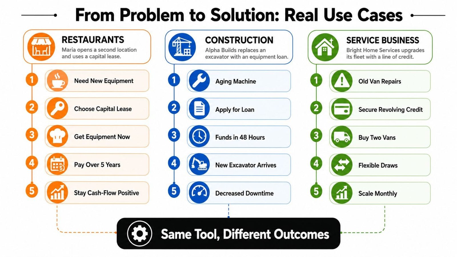 A diagram illustrating three business use cases for equipment financing in restaurants, construction, and service industries.
