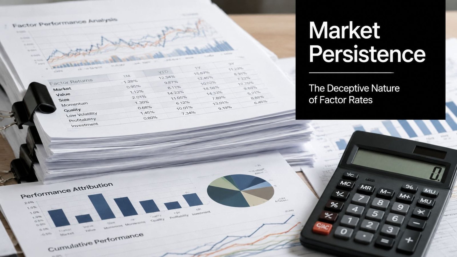 A stack of financial reports with factor performance tables and charts next to a desk calculator.