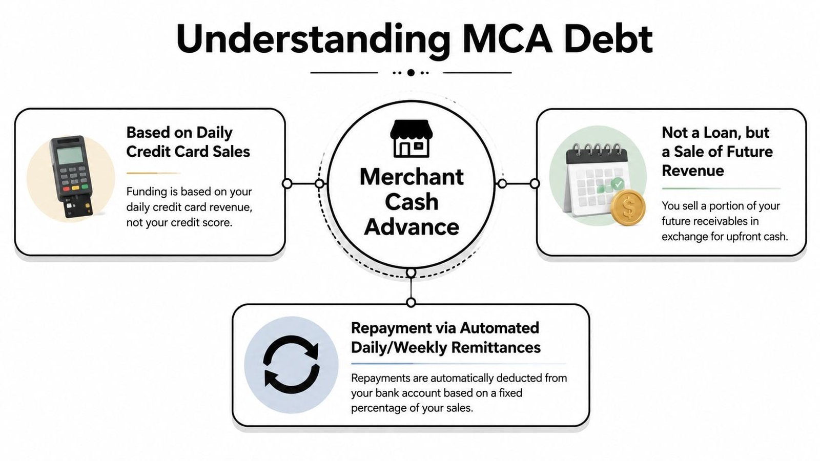 A diagram explaining Merchant Cash Advance debt, showing it is based on sales and not a loan.
