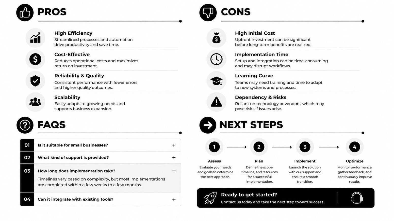 An infographic outlining the pros, cons, FAQs, and next steps for implementing a new business solution.
