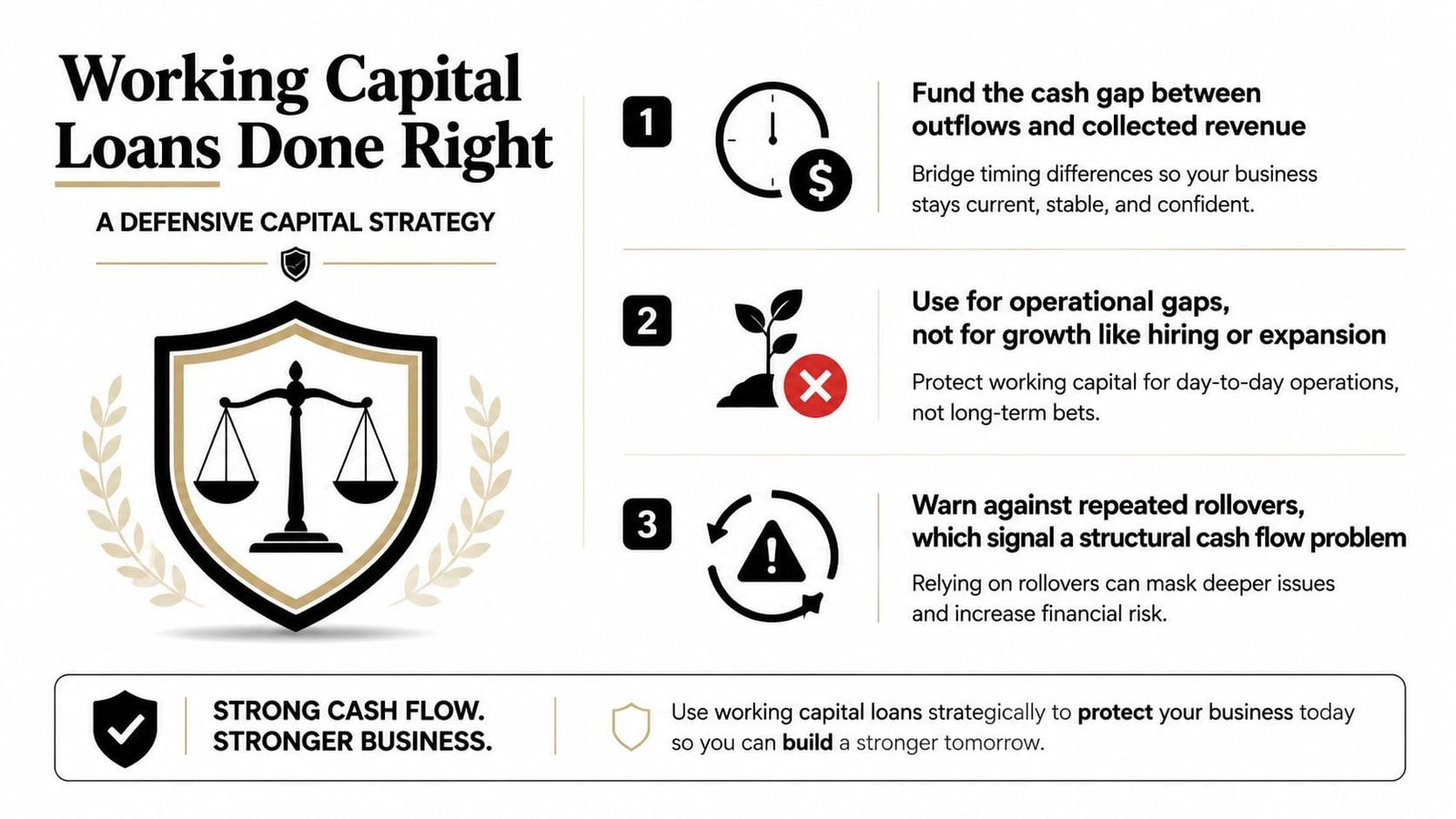 An infographic titled Working Capital Loans Done Right displaying three strategic steps for using business capital.