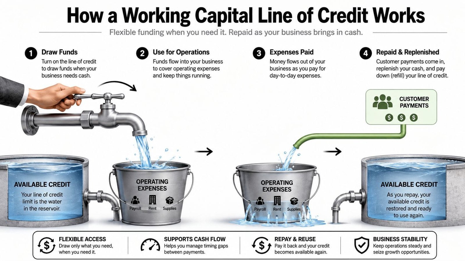 A diagram illustrating how a working capital line of credit works using water pipes and buckets.