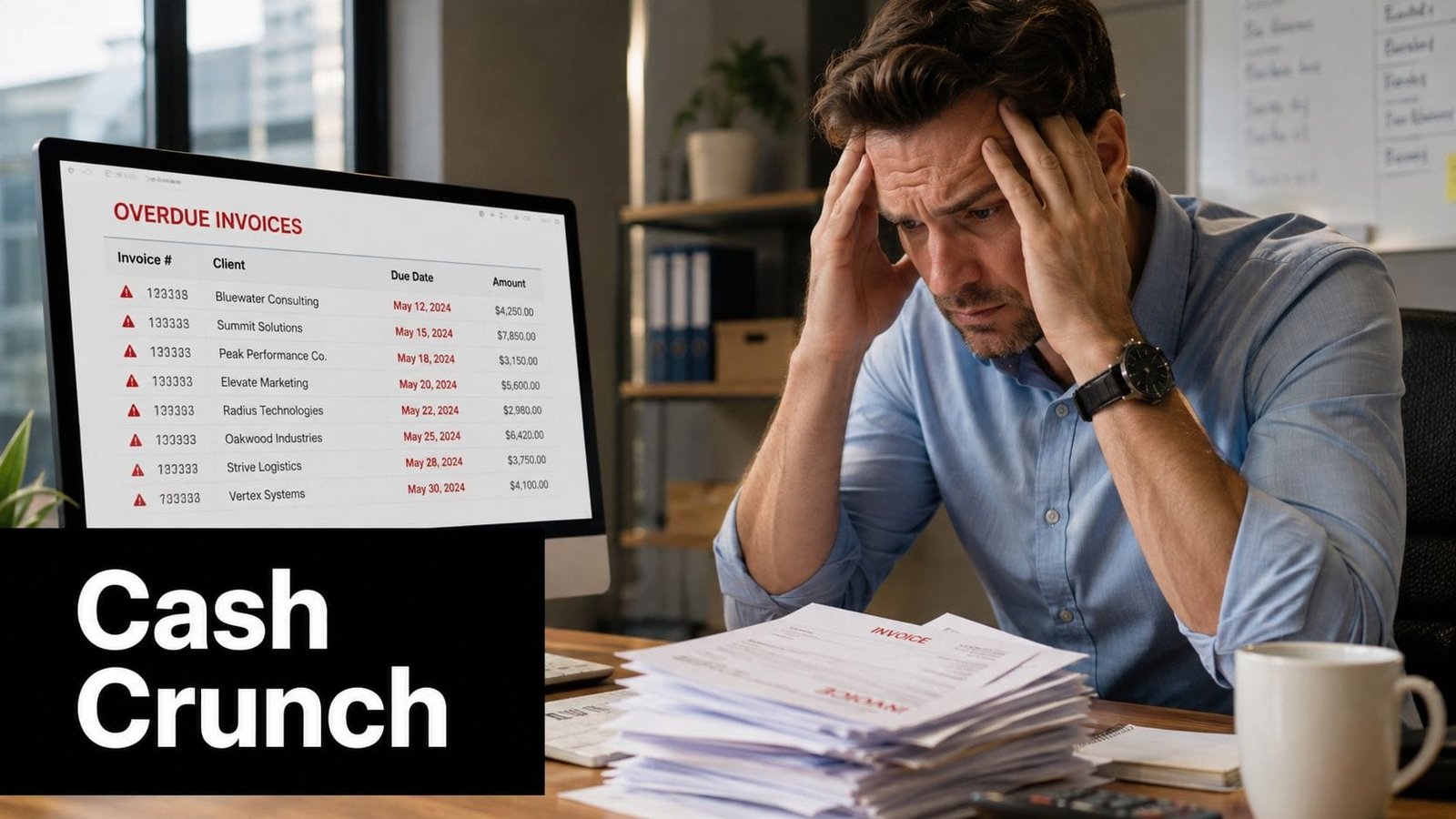 A stressed businessman looking at a monitor displaying overdue invoices and a pile of paperwork on his desk.