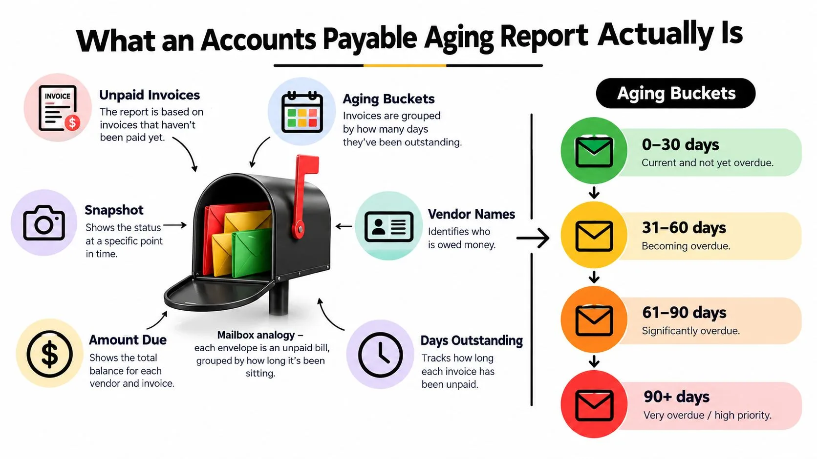An infographic explaining an accounts payable aging report with a mailbox analogy for unpaid invoices.