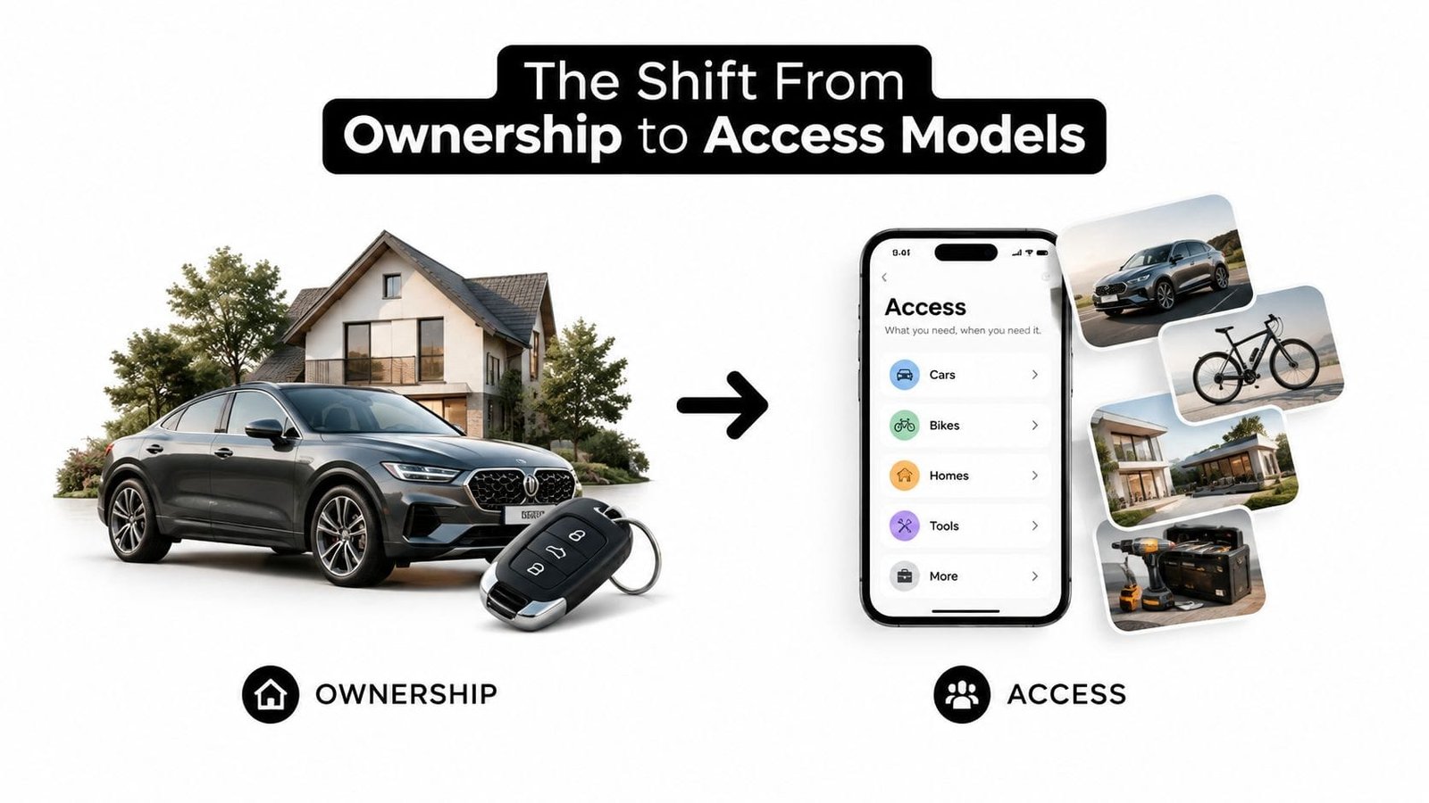 A graphic illustrating the transition from traditional asset ownership to on-demand access economy models via mobile technology.