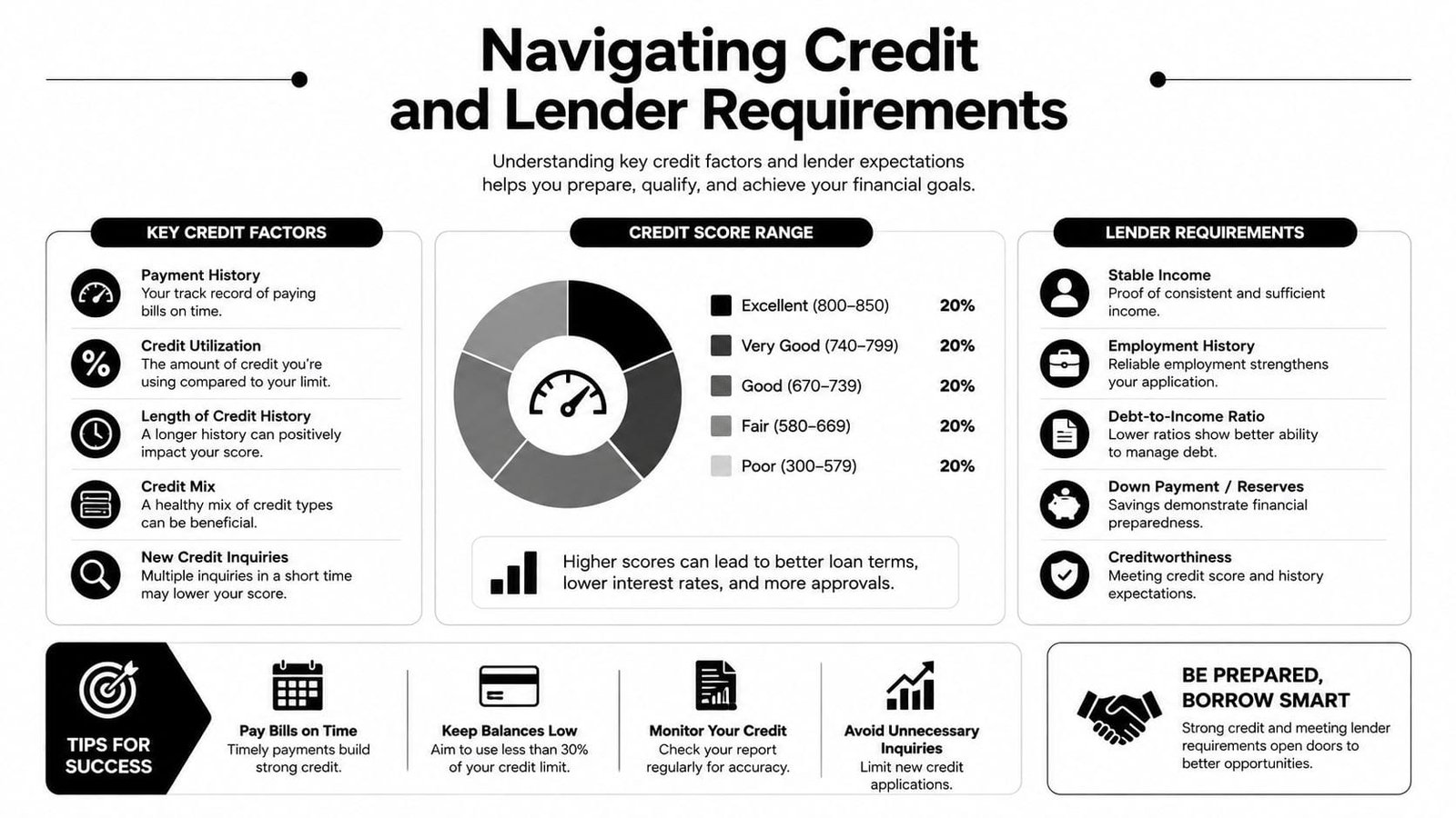 An infographic detailing key credit factors, credit score ranges, and essential lender requirements for loan applications.