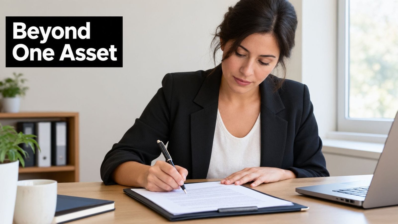 A professional businesswoman sitting at a desk while signing a contract document in an office setting.