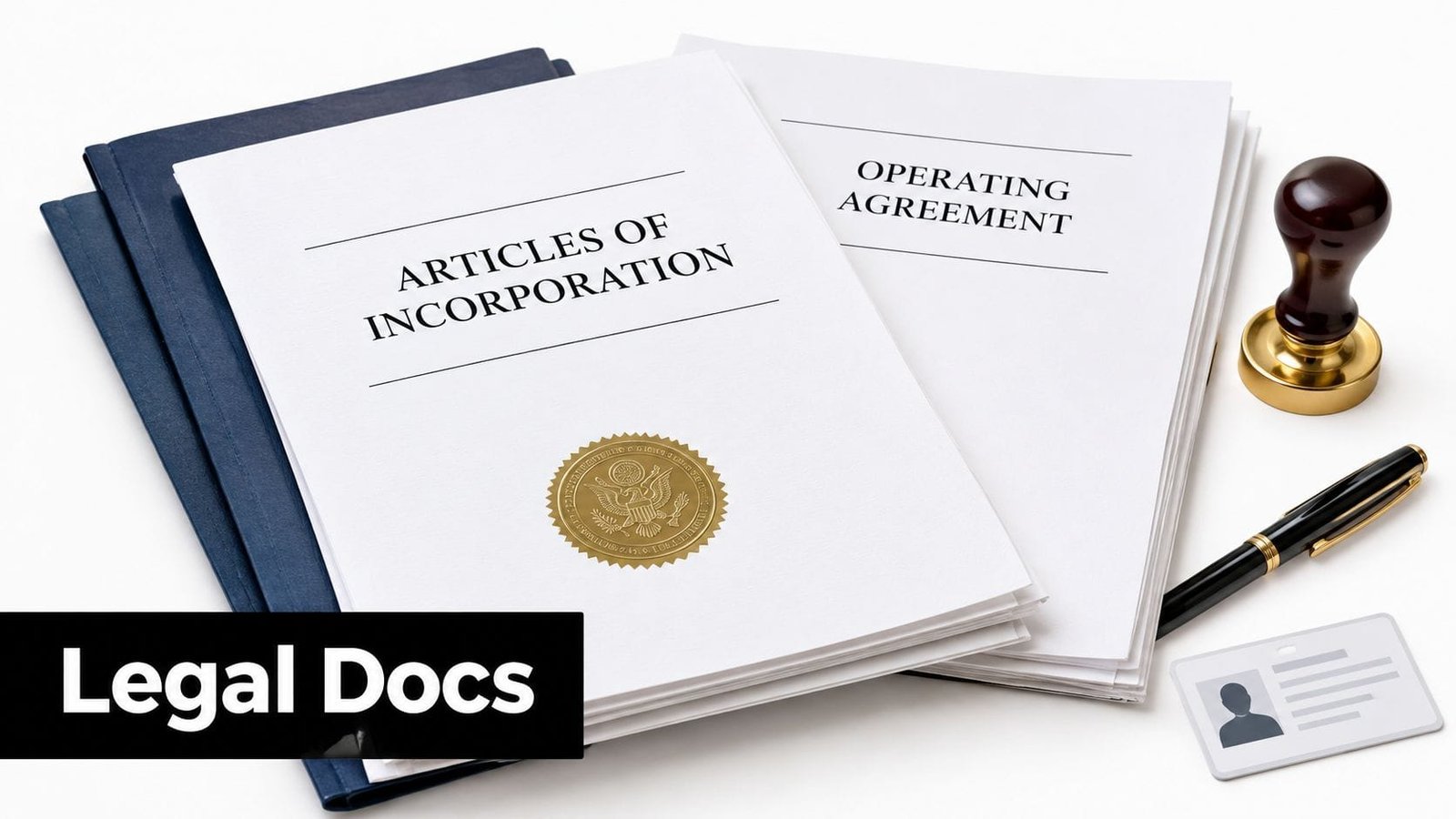 A stack of business legal documents including articles of incorporation and an operating agreement with a stamp.