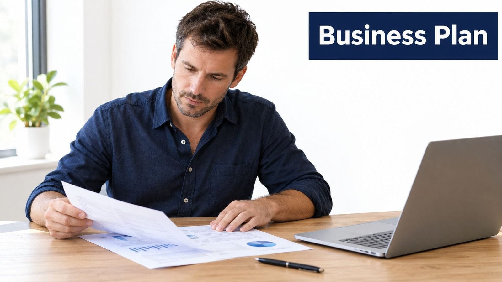 A focused man reviews financial business documents at a desk next to his open laptop computer.