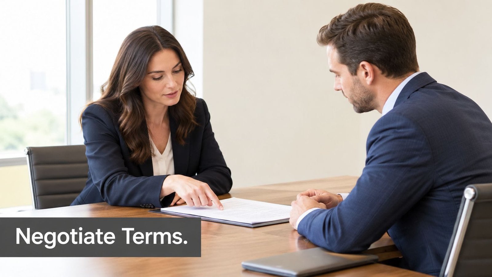 A professional woman in a suit pointing to a document while negotiating with a colleague in an office.