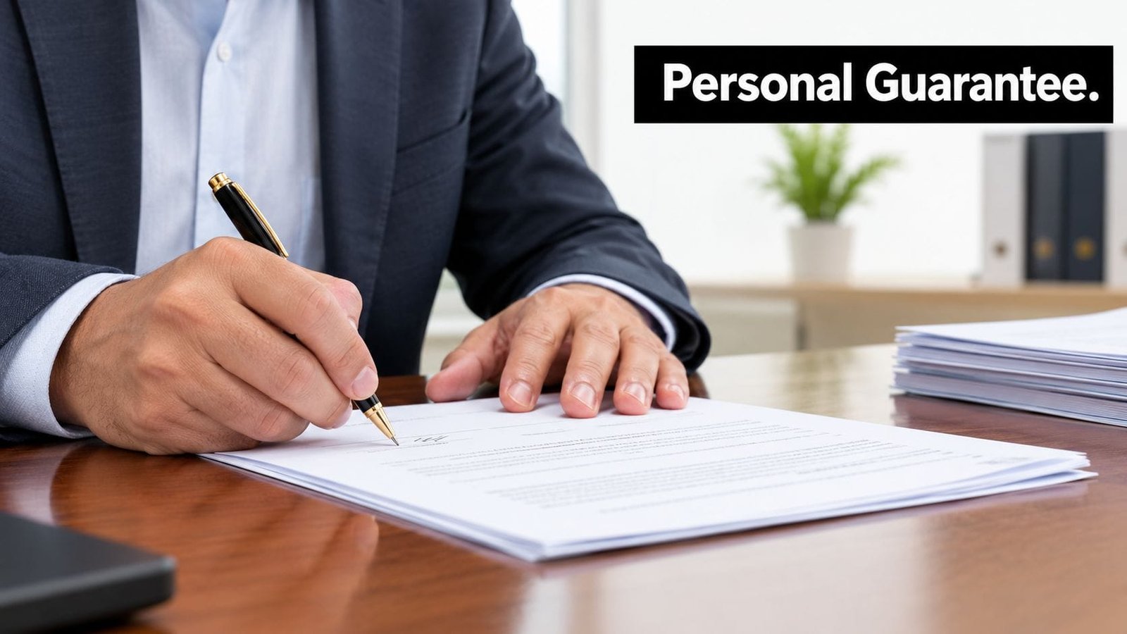 A professional in a business suit signs a document, highlighting the concept of a personal loan guarantee.