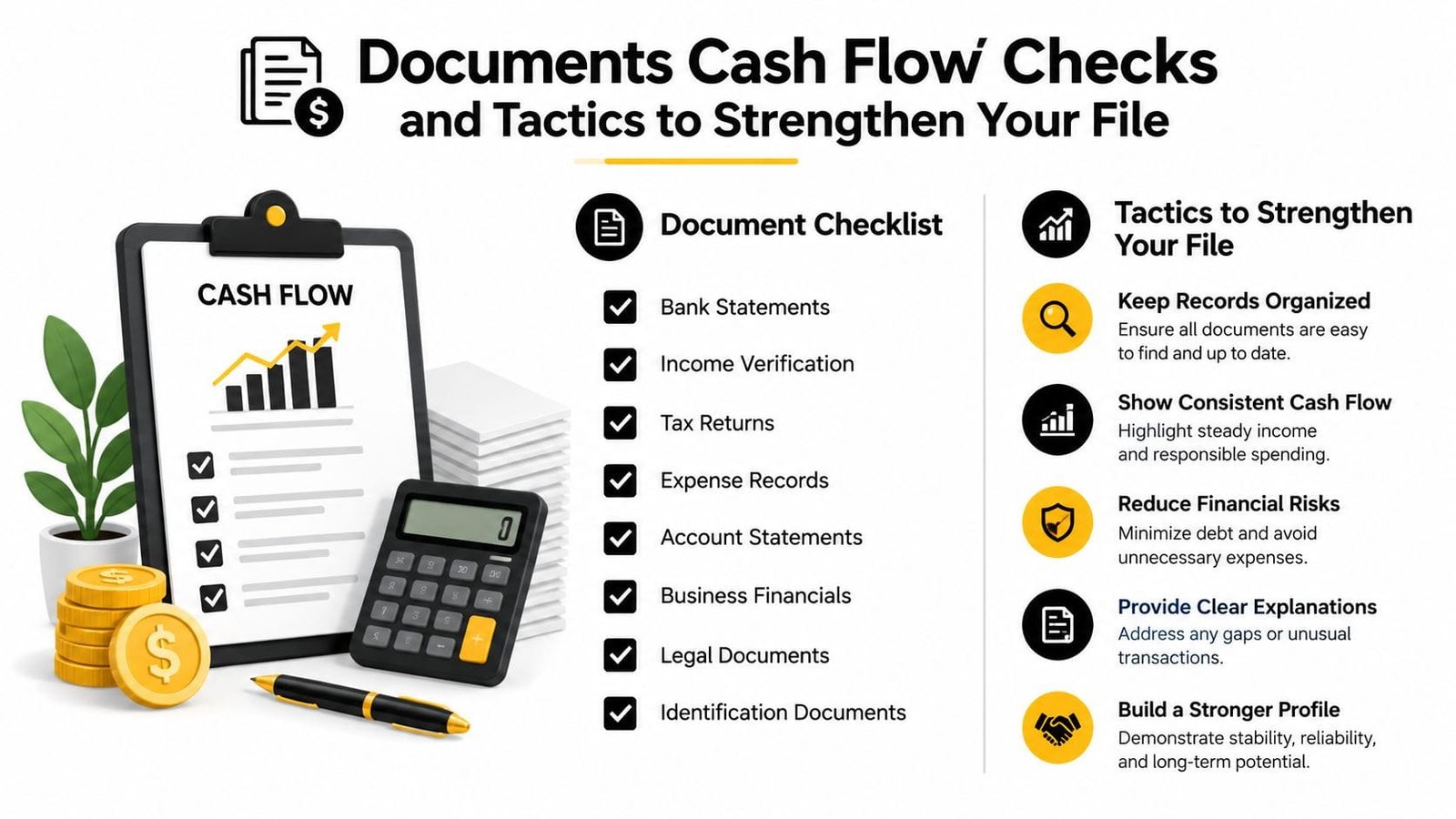 A checklist for document cash flow checks and tactics to strengthen a financial file for business loans.