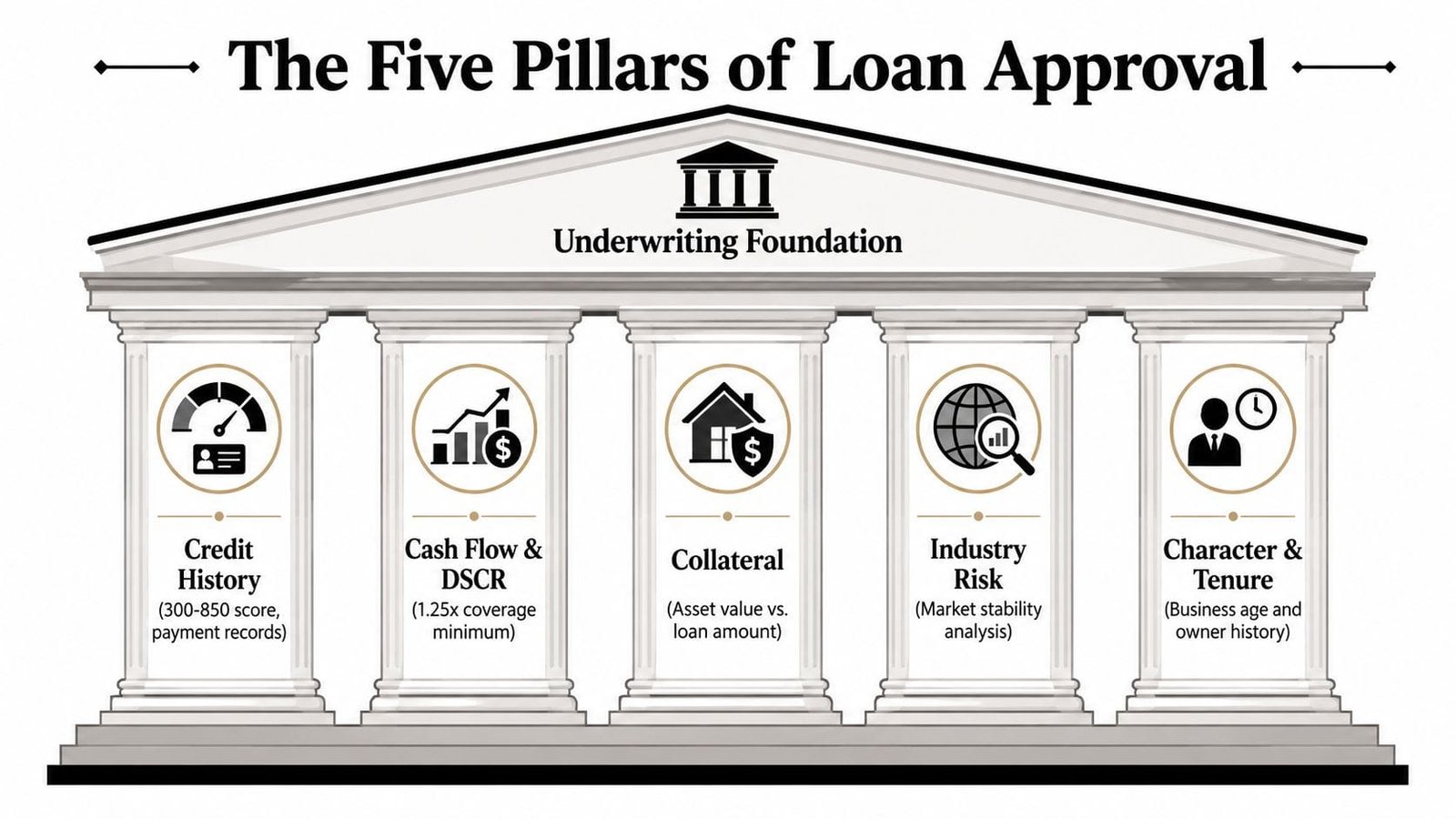 An infographic titled The Five Pillars of Loan Approval showing the criteria for underwriting business loans.