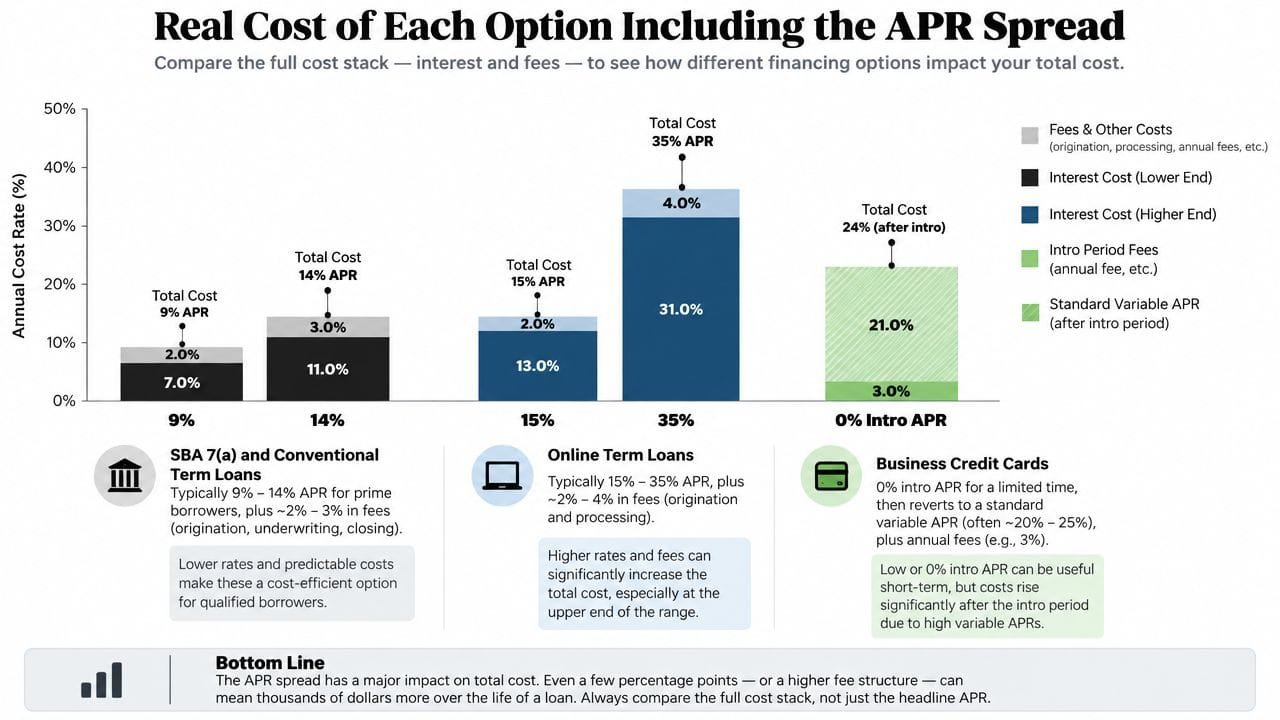 A chart comparing the total annual cost of business loans and credit cards, including interest rates and fees.