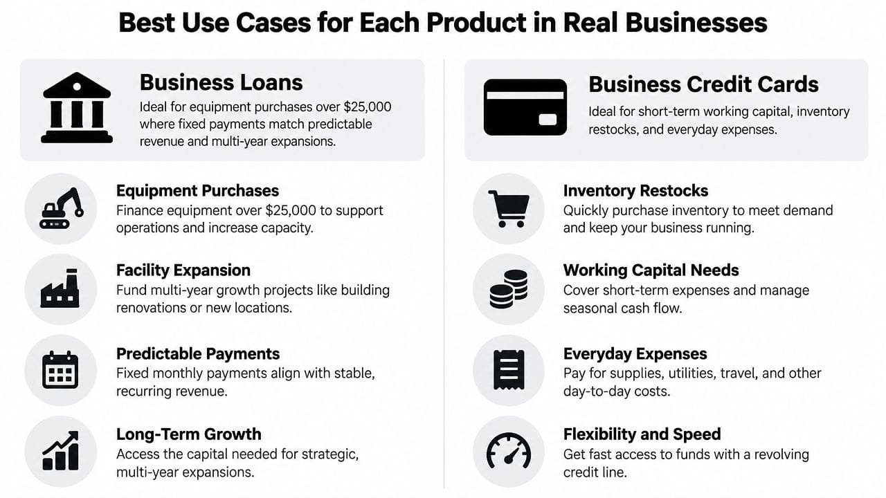 A comparison chart outlining best use cases for business loans versus business credit cards for growing companies.