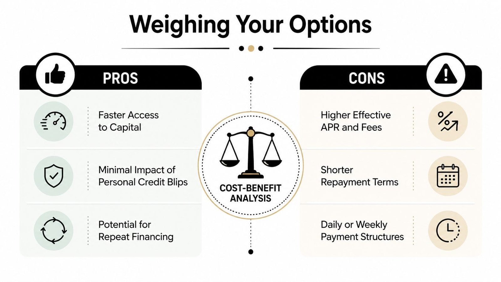 A comparison chart showing the pros and cons of business financing options like merchant cash advances.