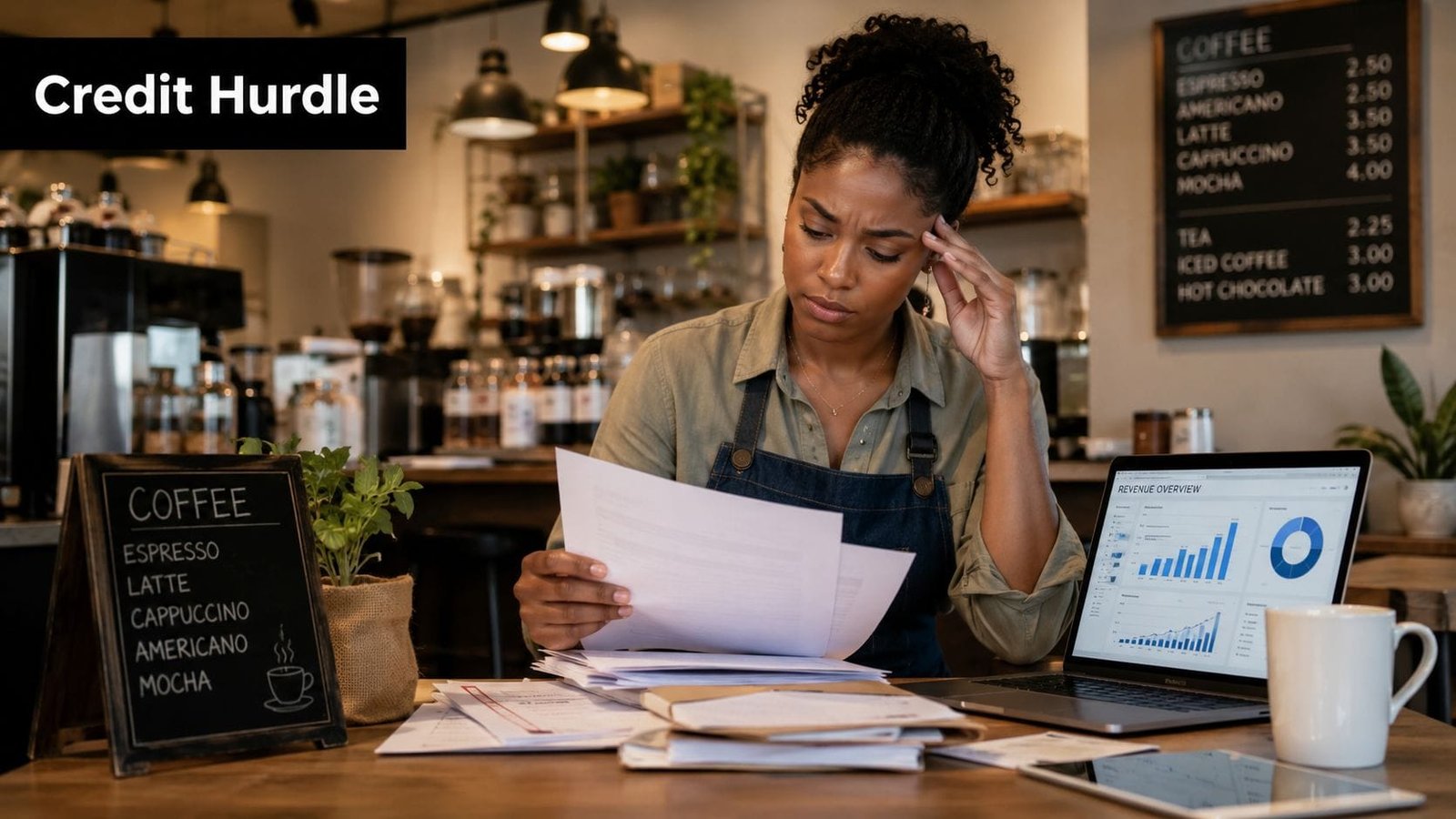 Stressed cafe owner reviewing financial documents and revenue charts on a laptop in a coffee shop.