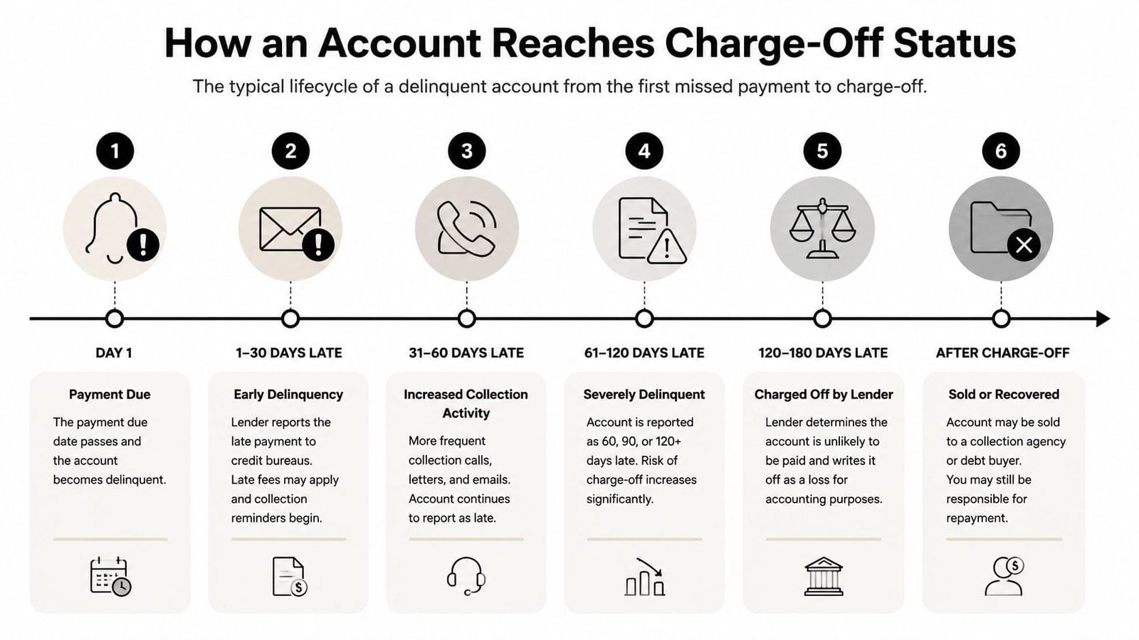 A timeline graphic showing the six steps of how a delinquent account leads to charge-off status.