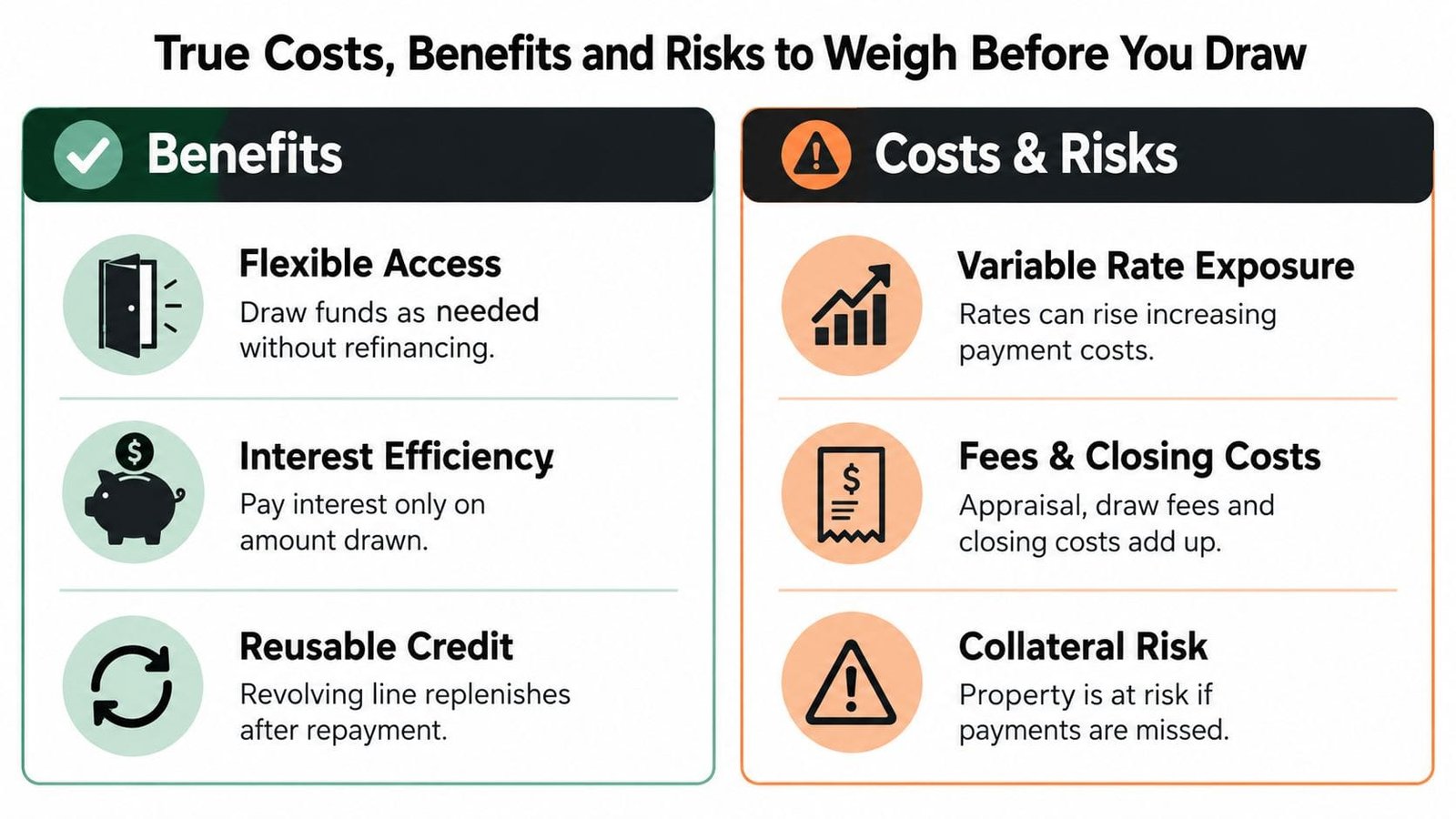 A comparison chart outlining the primary benefits and risks of using a commercial equity line of credit.
