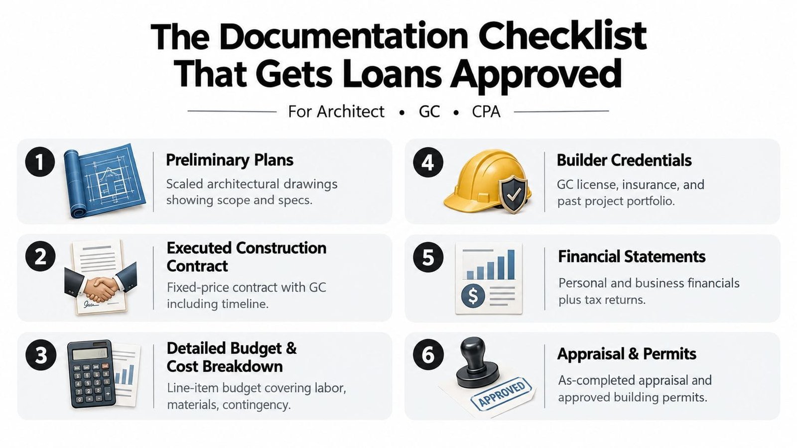 A numbered checklist showing the six essential documents required to get a construction loan approved.