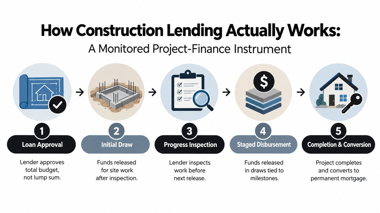 A five-step infographic explaining the construction lending process from initial loan approval to project completion and mortgage.