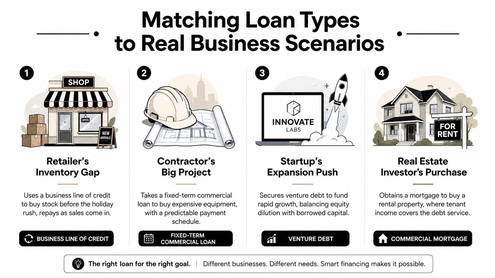 An infographic illustrating four business scenarios matched with appropriate loan types for effective financial planning.