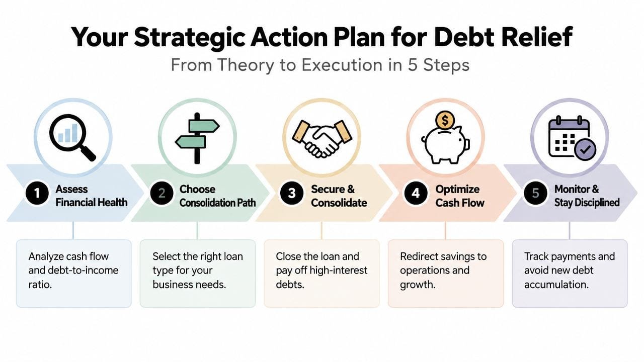 A five-step strategic action plan infographic outlining the process for small business debt consolidation and relief.