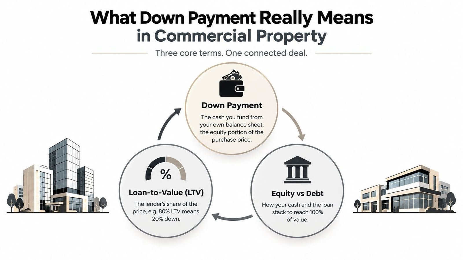 A diagram explaining down payment, loan-to-value, and equity versus debt in commercial property financing.