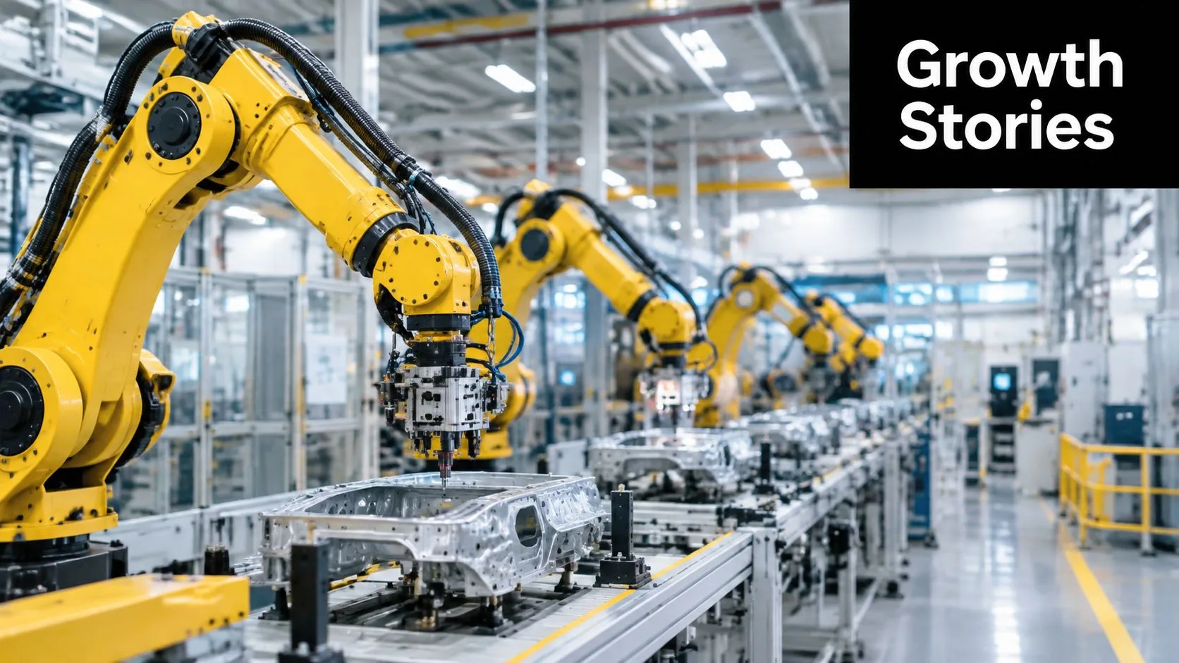Yellow robotic arms performing automated assembly on metal car chassis in a modern industrial manufacturing plant.