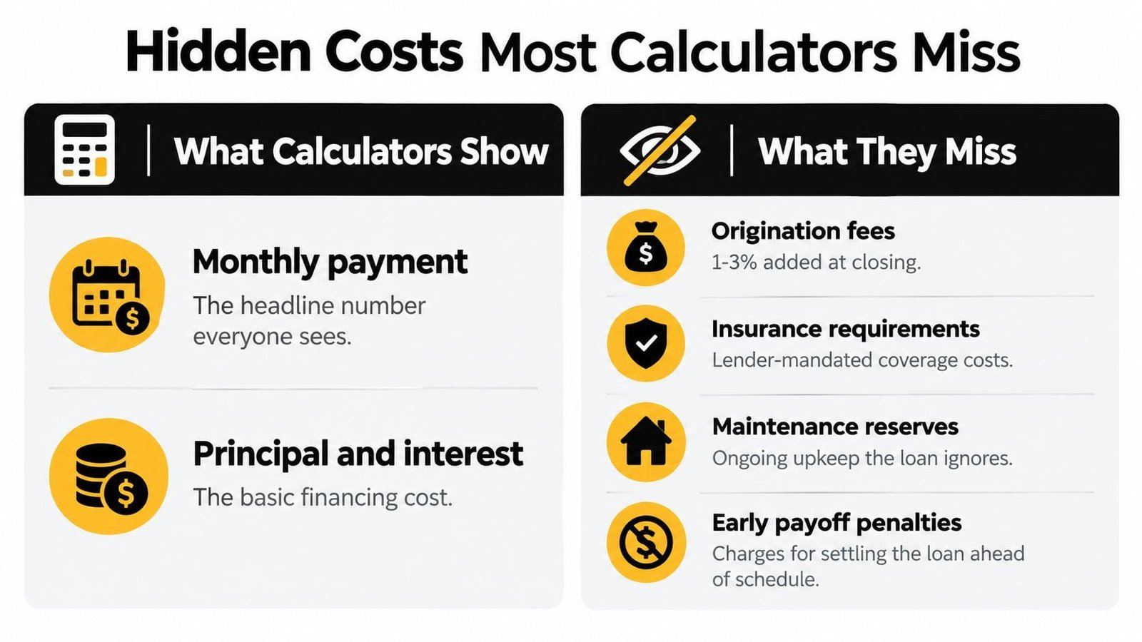 A comparison chart showing loan expenses that online payment calculators show versus commonly overlooked hidden costs.