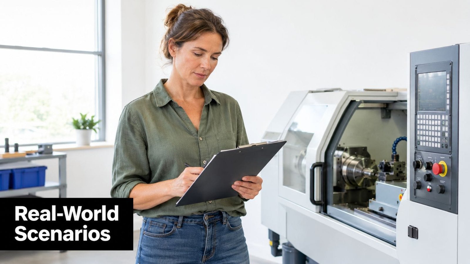 A woman in a green shirt inspecting an industrial CNC machine while taking notes on a clipboard.