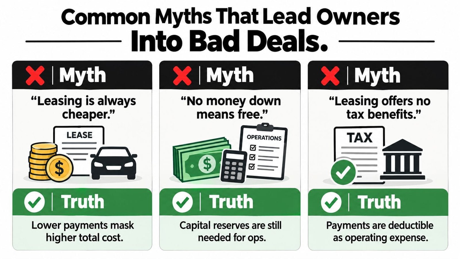 An infographic showing three common myths regarding vehicle and equipment leasing contrasted with the financial truth.