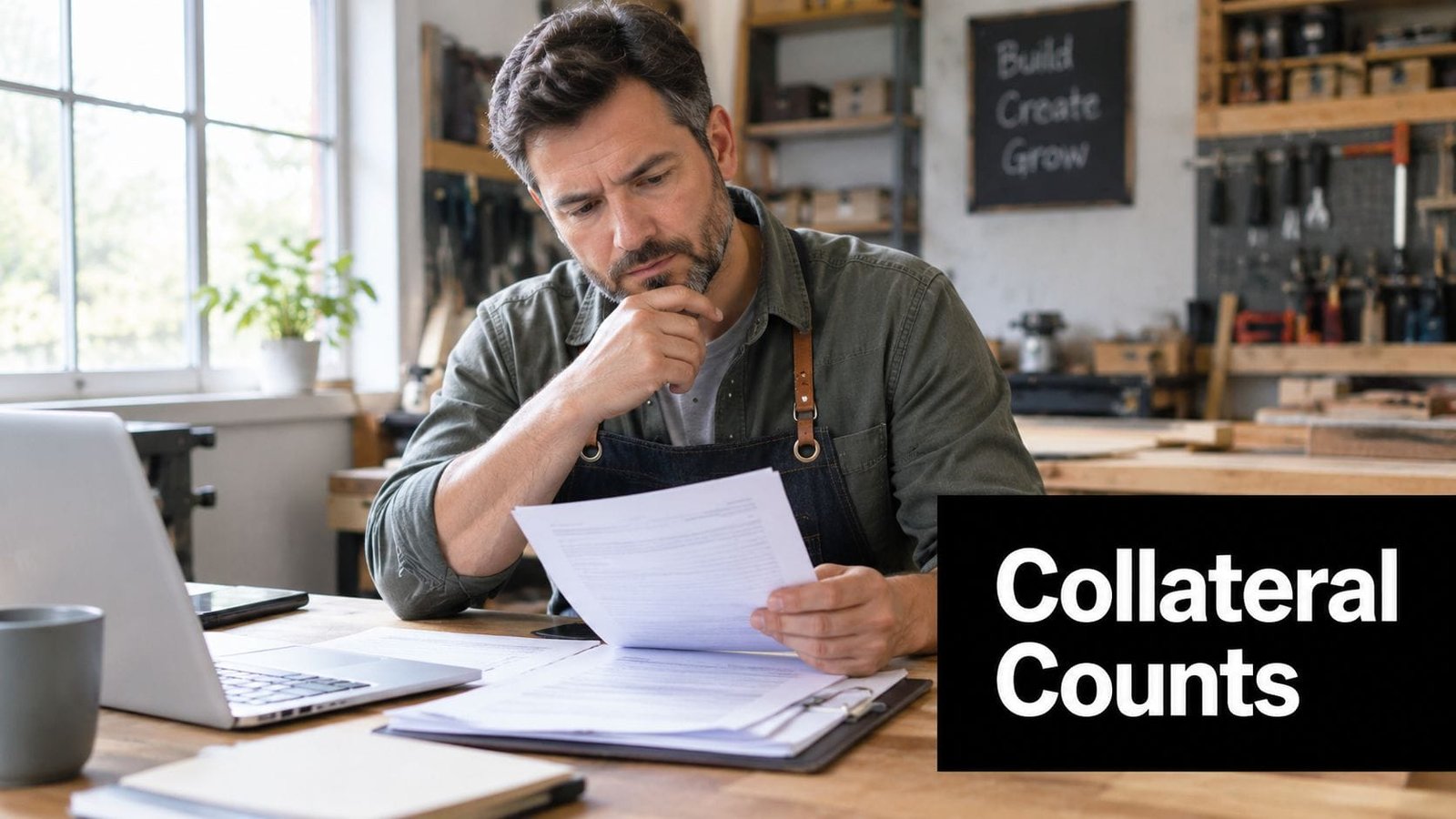 A focused man wearing a work apron examines important financial documents while sitting at his workshop desk.