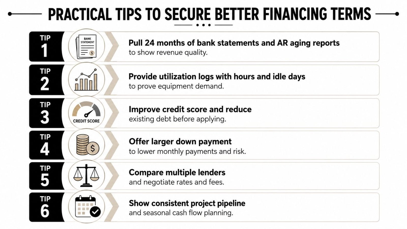 An infographic listing six practical tips to secure better financing terms for equipment or business loans.
