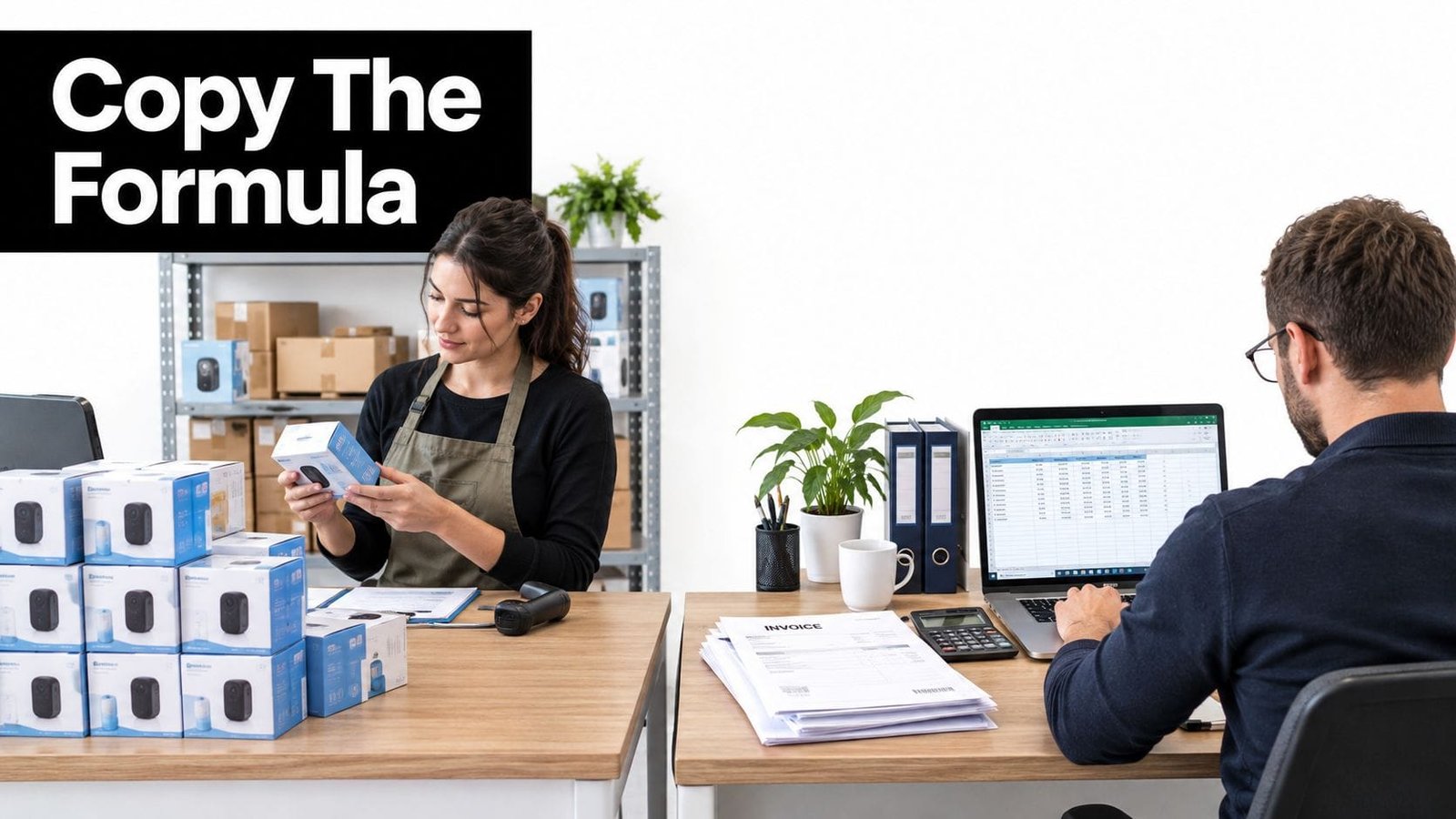 A woman inspecting inventory boxes next to a man working on a spreadsheet at a desk.